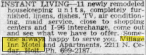 Village Inn Motel & Apts (D&O Motel) - Jul 1971 Ad (newer photo)